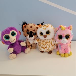 The Beanie Boo's Collection Set of 4 Unicorn Owl Cat Monkey 2015 2016 TY Beanies